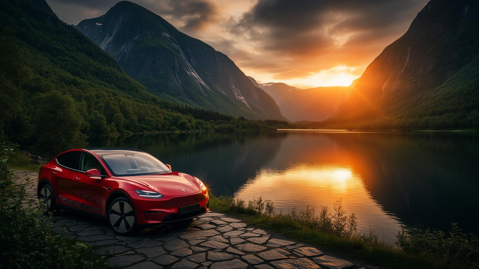 Rød elbil ved norsk fjord i solnedgang